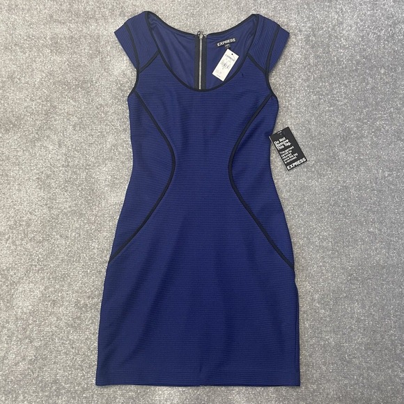 Express Dresses & Skirts - Express Dress Womens 0 Blue Black Ribbed Bodycon Mini Full Zip Back Party NEW